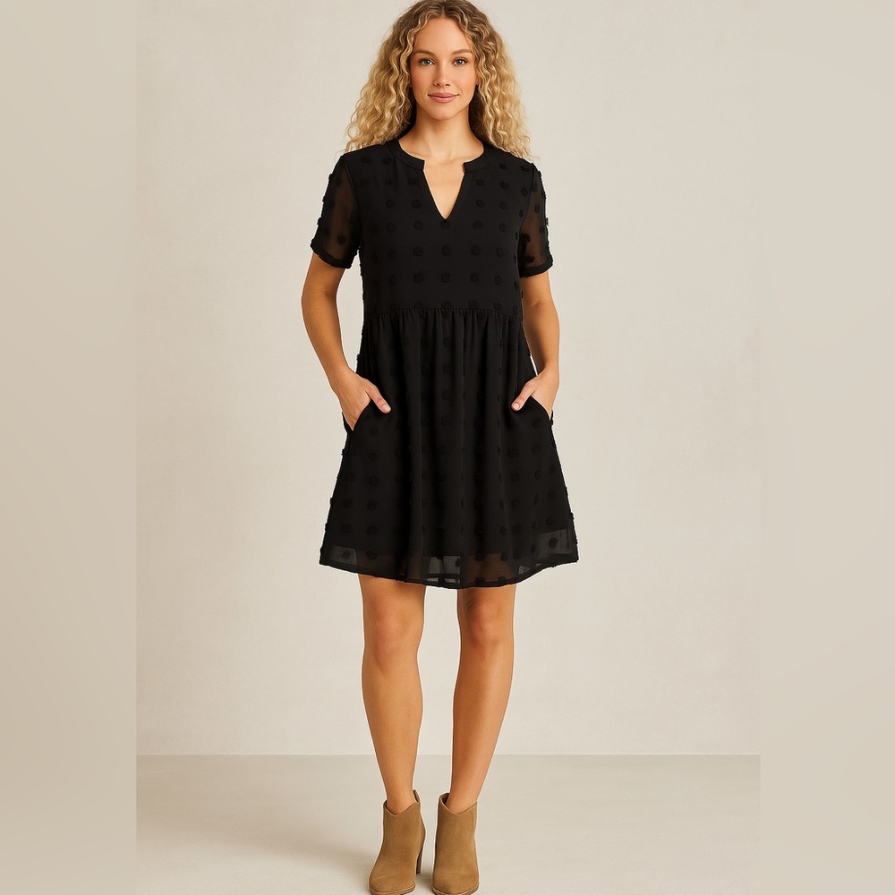 MIHOLL Black Swiss Dot Sheer Babydoll Dress with Pockets Size M